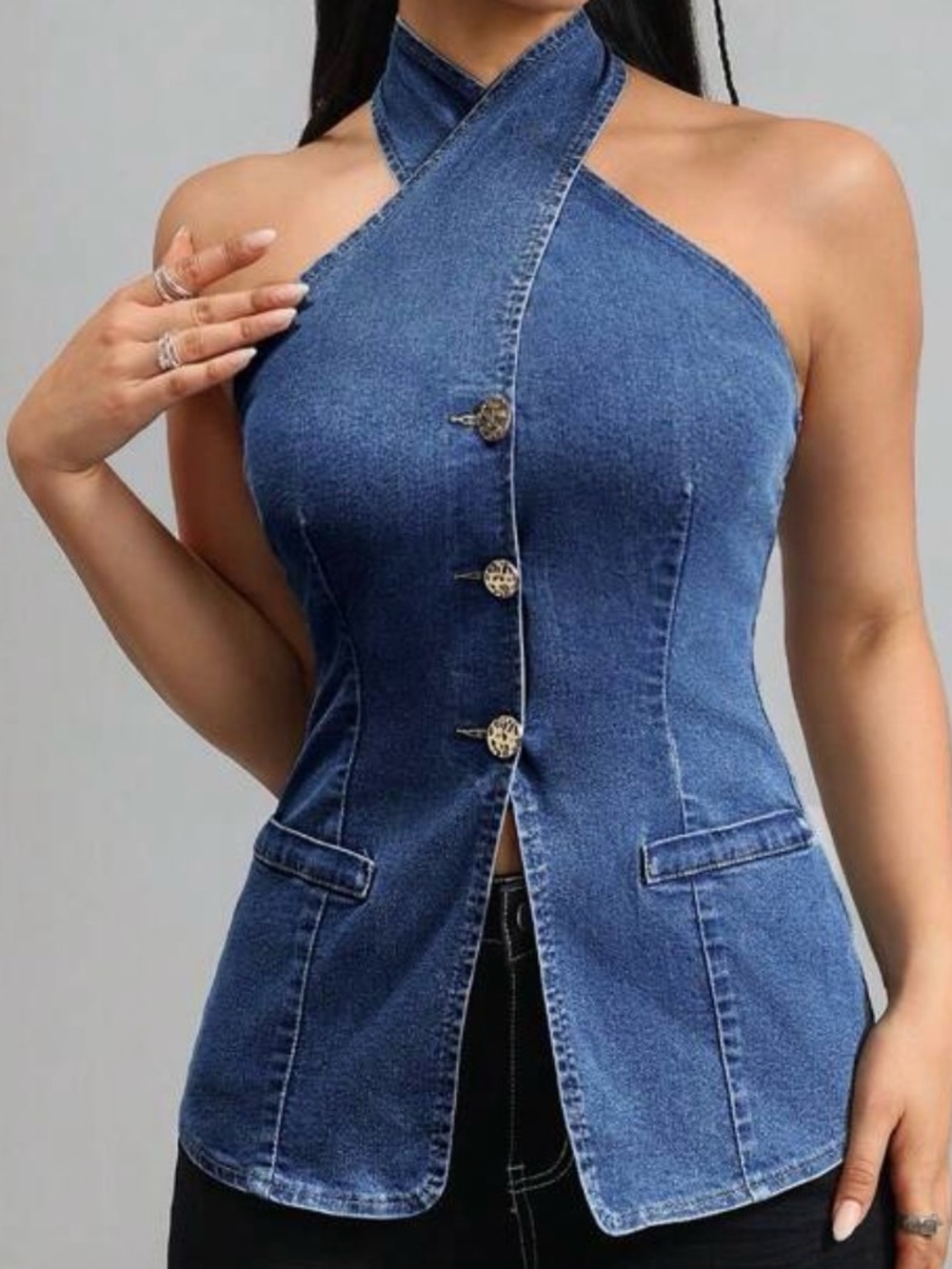 Plus size new XL 1X stretch Blue Denim vest cross neck open back halter top